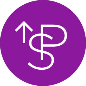 Purple circle with an arrow, S, and P in white, intertwined